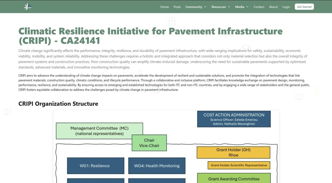 Screenshot van de live CRIPI-website, inclusief de organisatiestructuur.