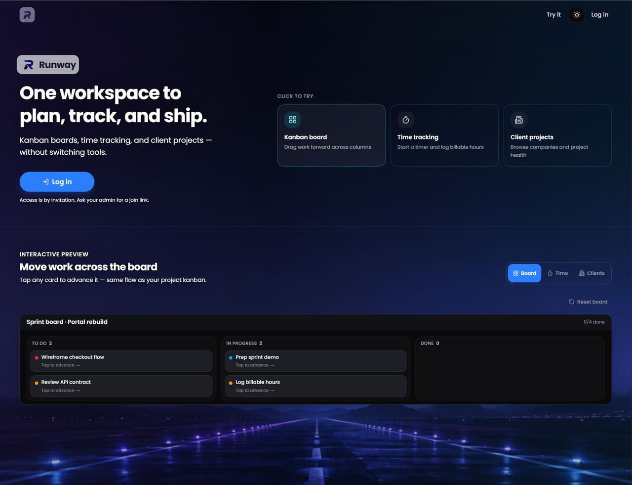 Runway — Eigendom & exploitatie door Yvios. Eenvoudige tracking voor softwarebedrijven — één workspace om te plannen, bij te houden en te shippen.